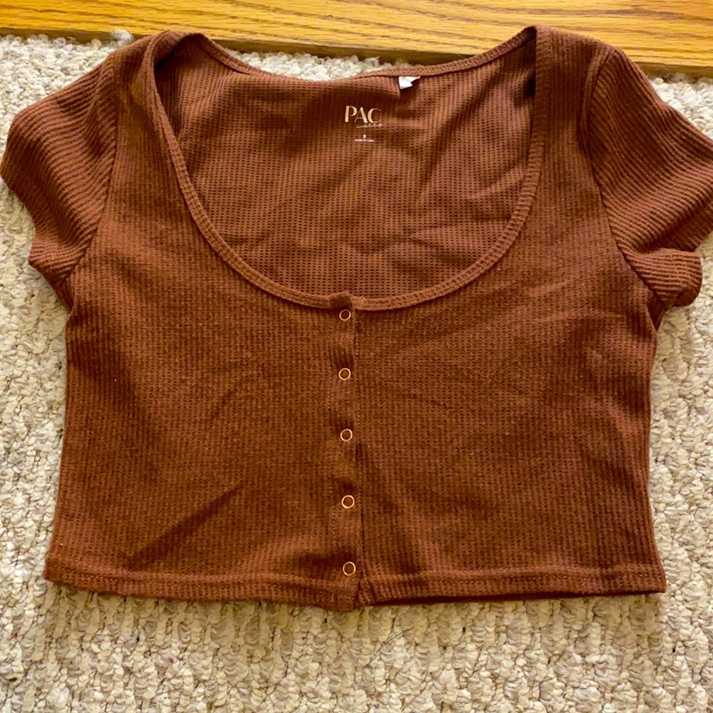 Brown waffle, button down crop top from PacSun.